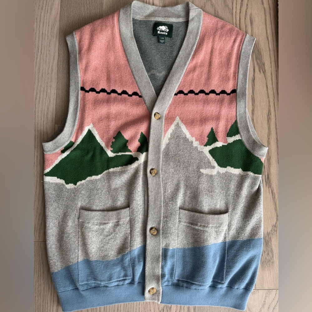 Roots Unisex Scenic Knit Vest in Pink, Green & Gray